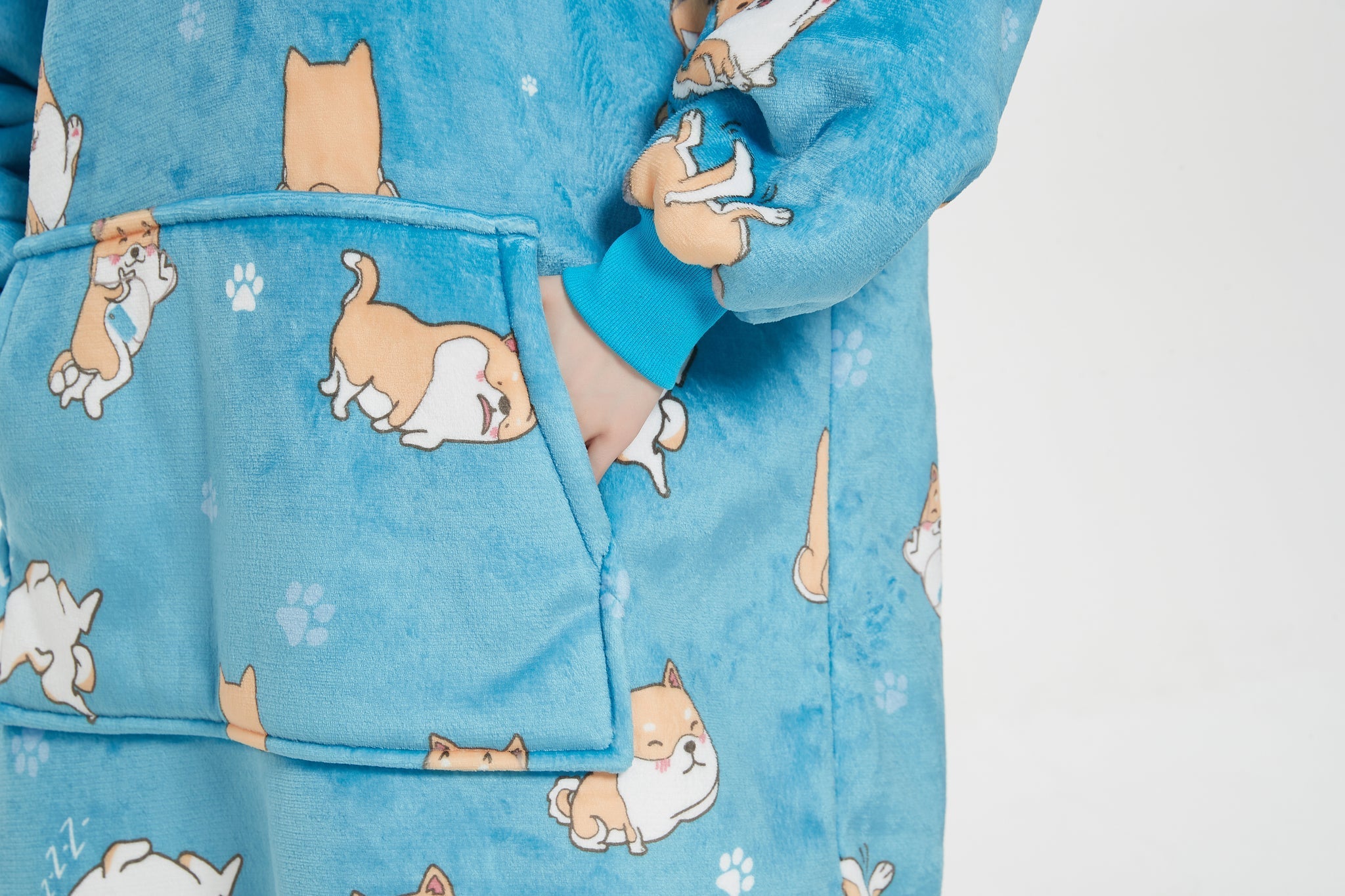 SNUGLFIT™ Hoodie Blanket in blue with Shiba Inu dog design and large pocket.