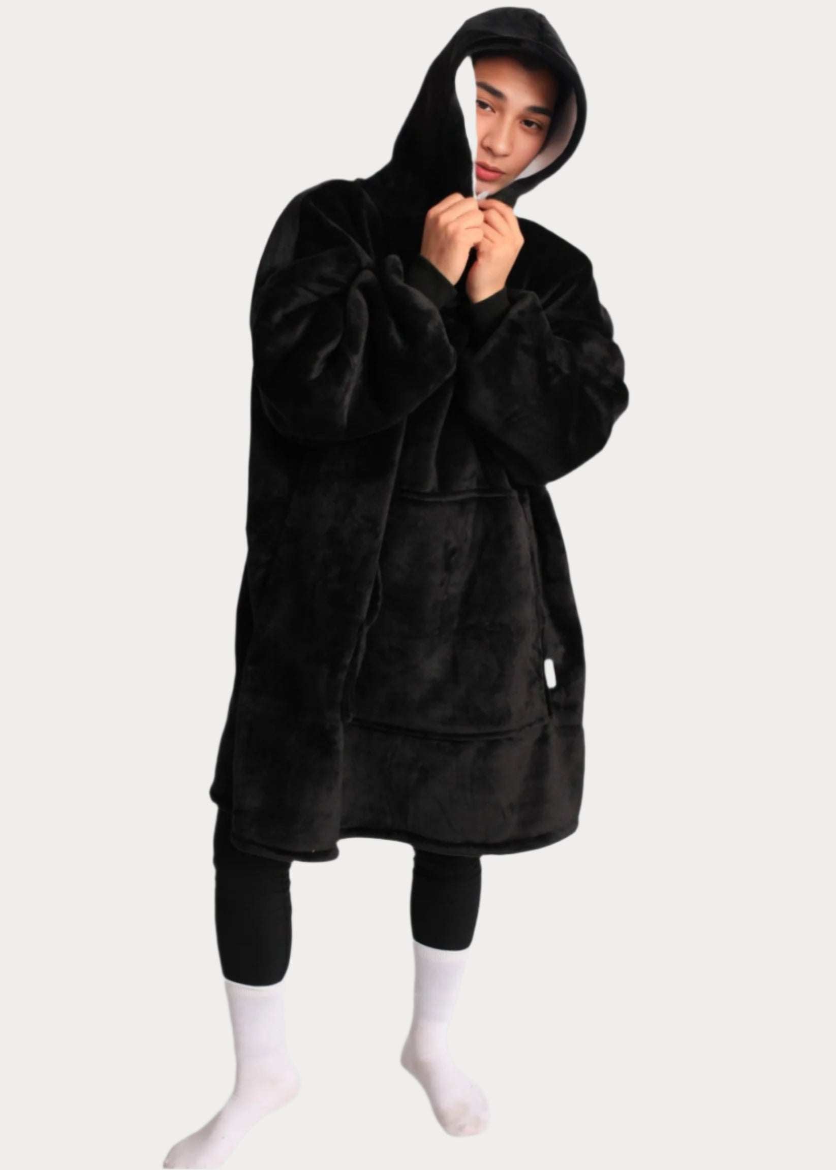 Midnight Black SnuglFit™ Hoodie Blanket featuring plush Sherpa fleece and SnuglTek™ flannel for ultimate comfort and warmth.