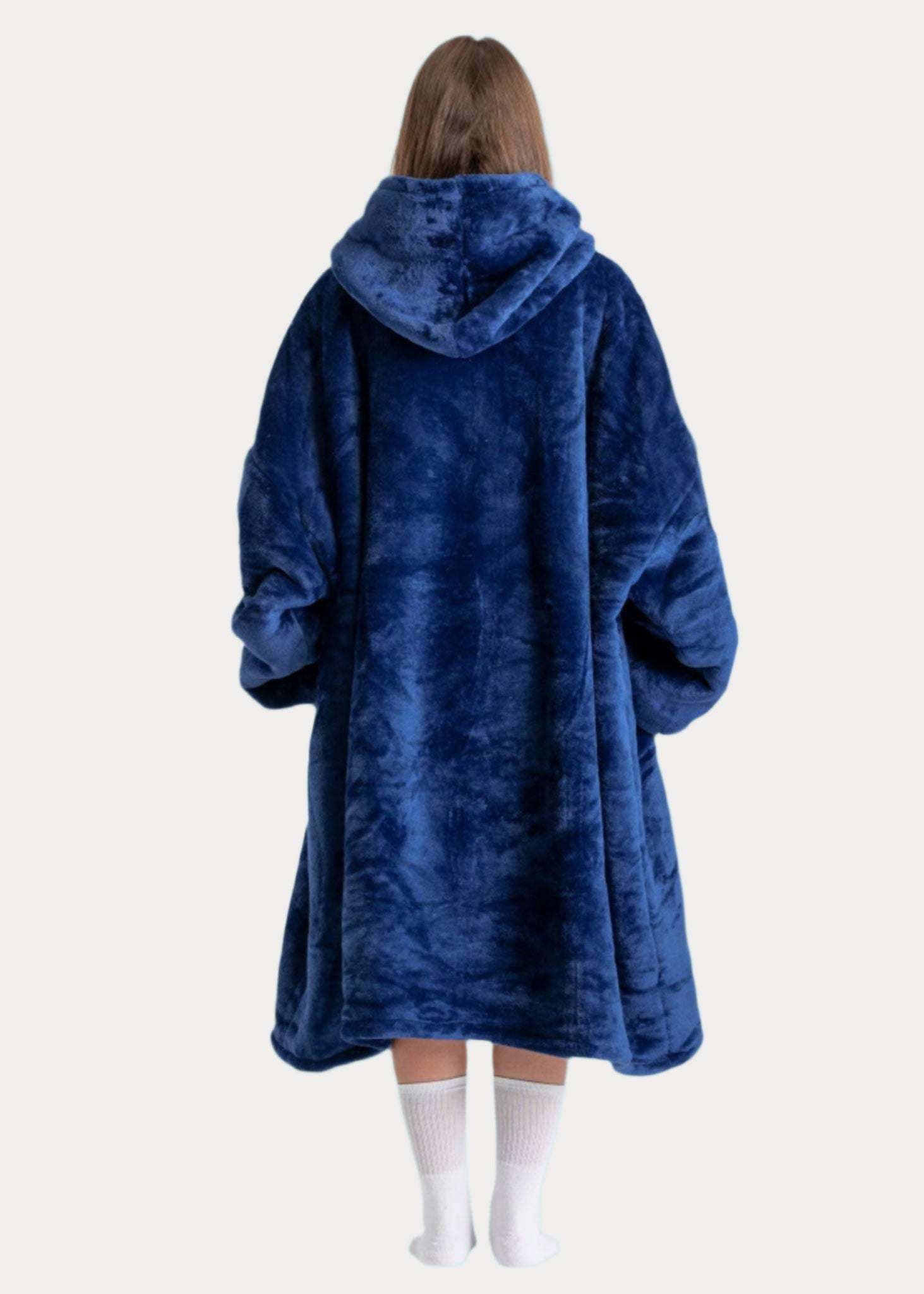 Navy blue SNUGLFIT™ hoodie blanket with plush Sherpa fleece interior, oversized fit.