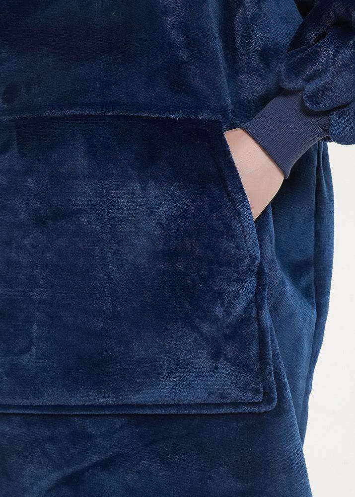 Navy blue SnuglFit™ hoodie blanket with plush Sherpa fleece interior and large pocket for ultimate comfort.