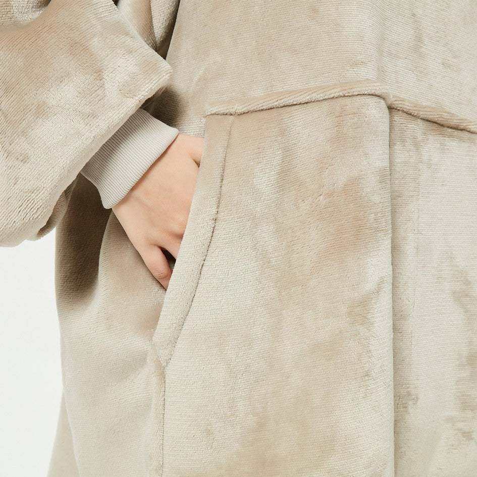 SNUGLFIT™ Hoodie Blanket in khaki showcasing plush Sherpa fleece and roomy pocket.
