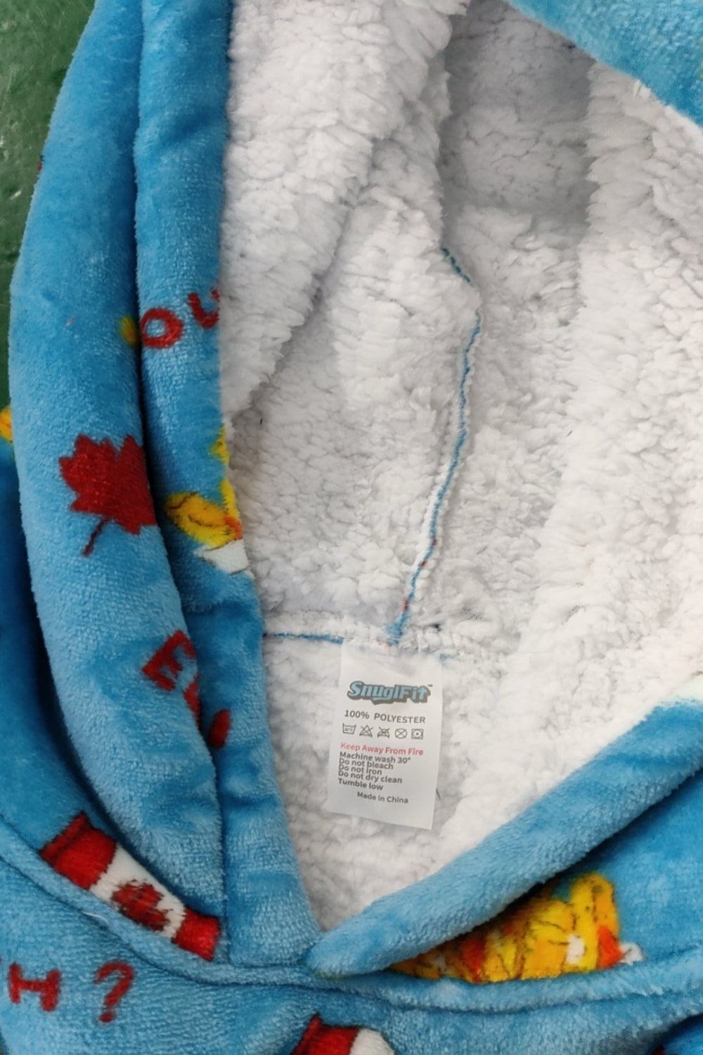 SNUGLFIT™ Hoodie Blanket in Poutine design with plush Sherpa fleece interior.