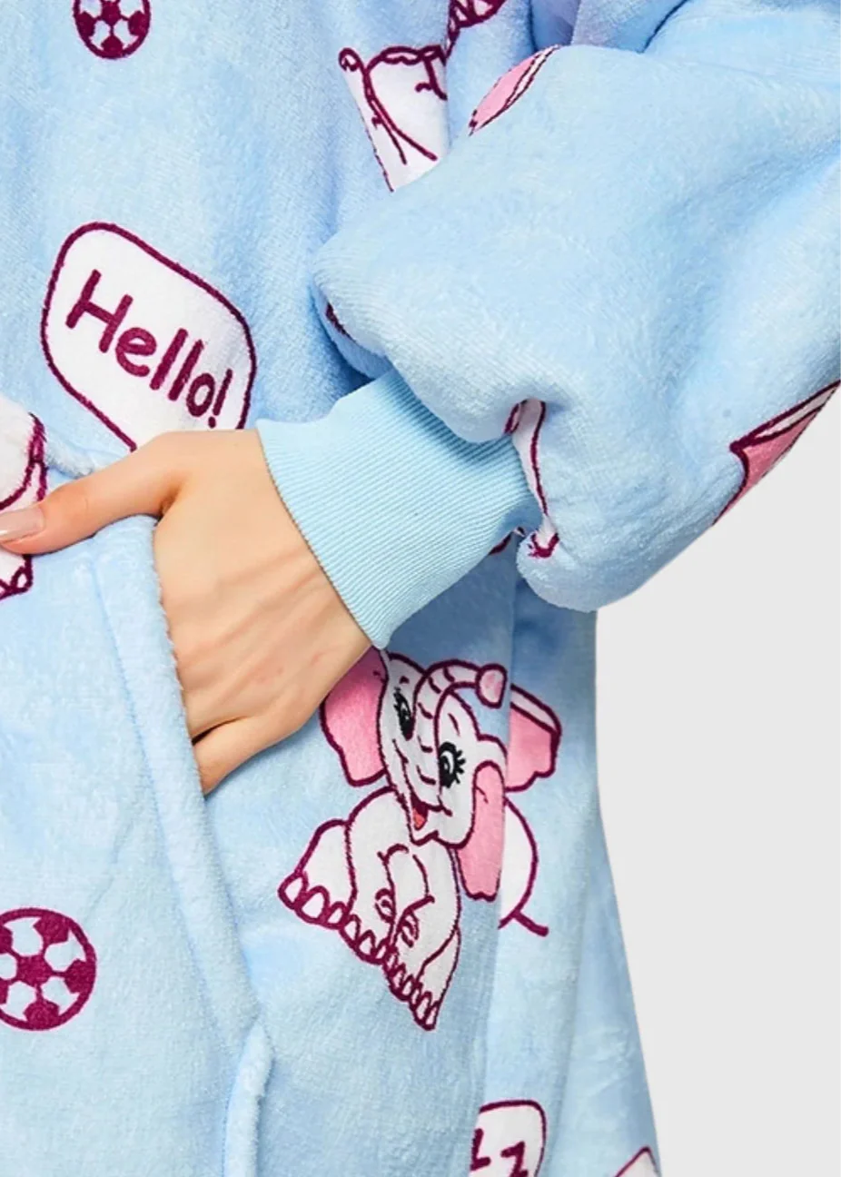 SNUGLFIT™ Hoodie Blanket - Elephant design with plush blue fabric and roomy pocket.