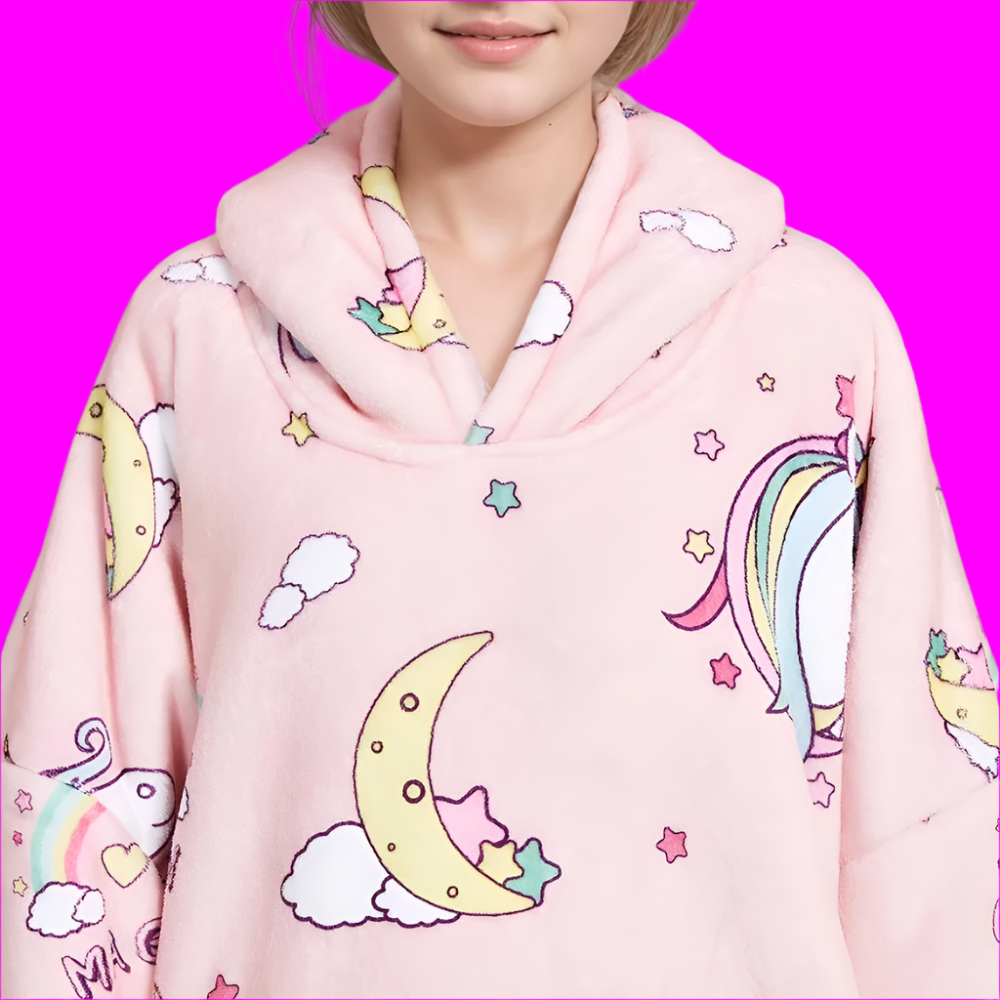 SNUGLFIT™ Kids Unicorn Blanket Hoodie with cozy fleece and fun design.