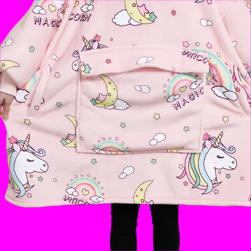 SNUGLFIT™ Hoodie Blanket for kids with unicorn print, pink color, oversized fit, features cozy Sherpa fleece, large pocket.