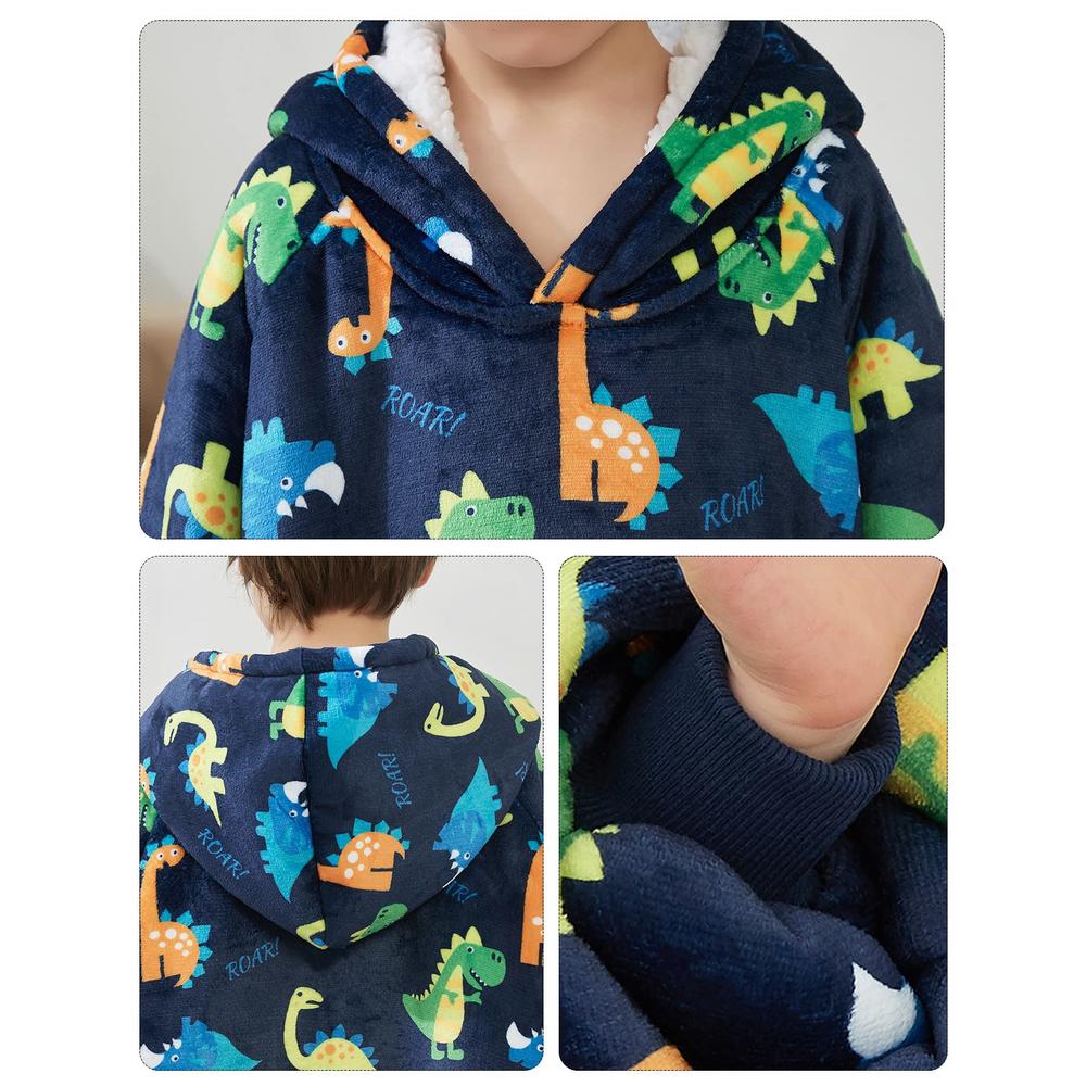 Dino-themed SNUGLFIT™ Hoodie Blanket for kids, featuring soft fleece and colorful dinosaur print.