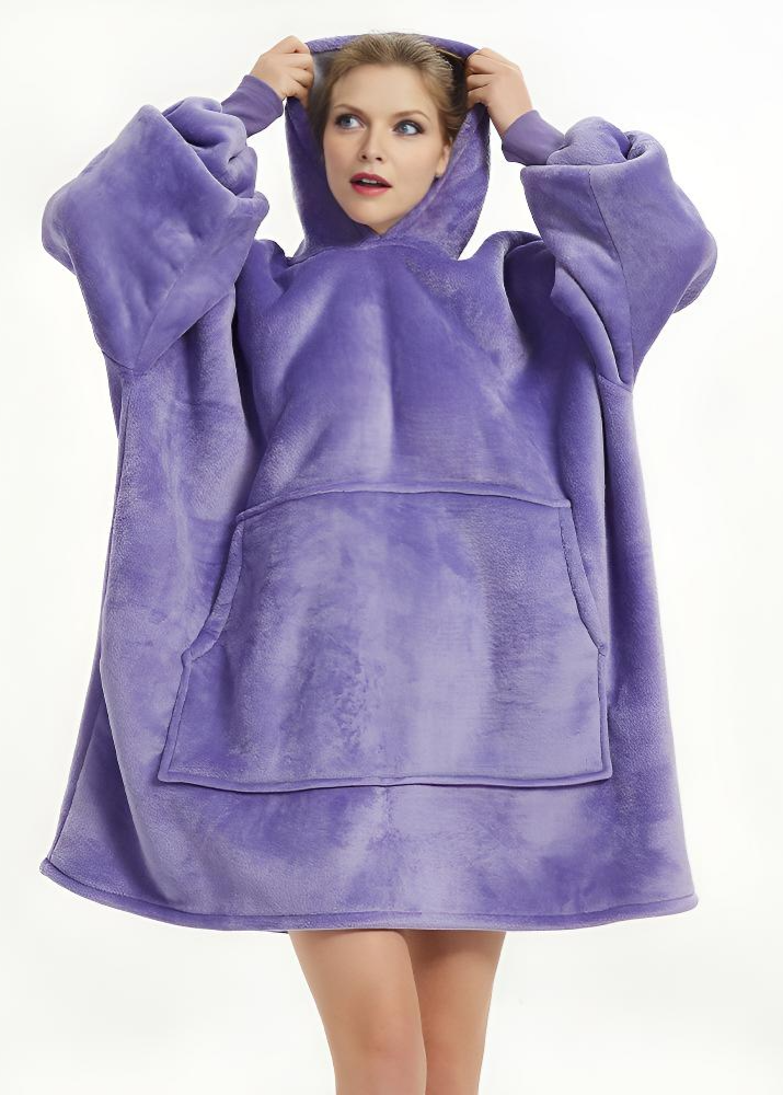 Oversized wearable blanket, purple SnuglFit™ hoodie, plush Sherpa fleece.