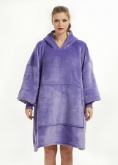 Oversized wearable blanket in purple, featuring plush Sherpa fleece interior and SnuglTek™ flannel exterior, designed by SnuglFit™ for ultimate comfort and style.