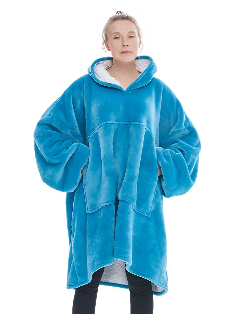 Sky blue SnuglFit™ hoodie blanket offering oversized comfort, warmth, and style with plush Sherpa fleece interior.