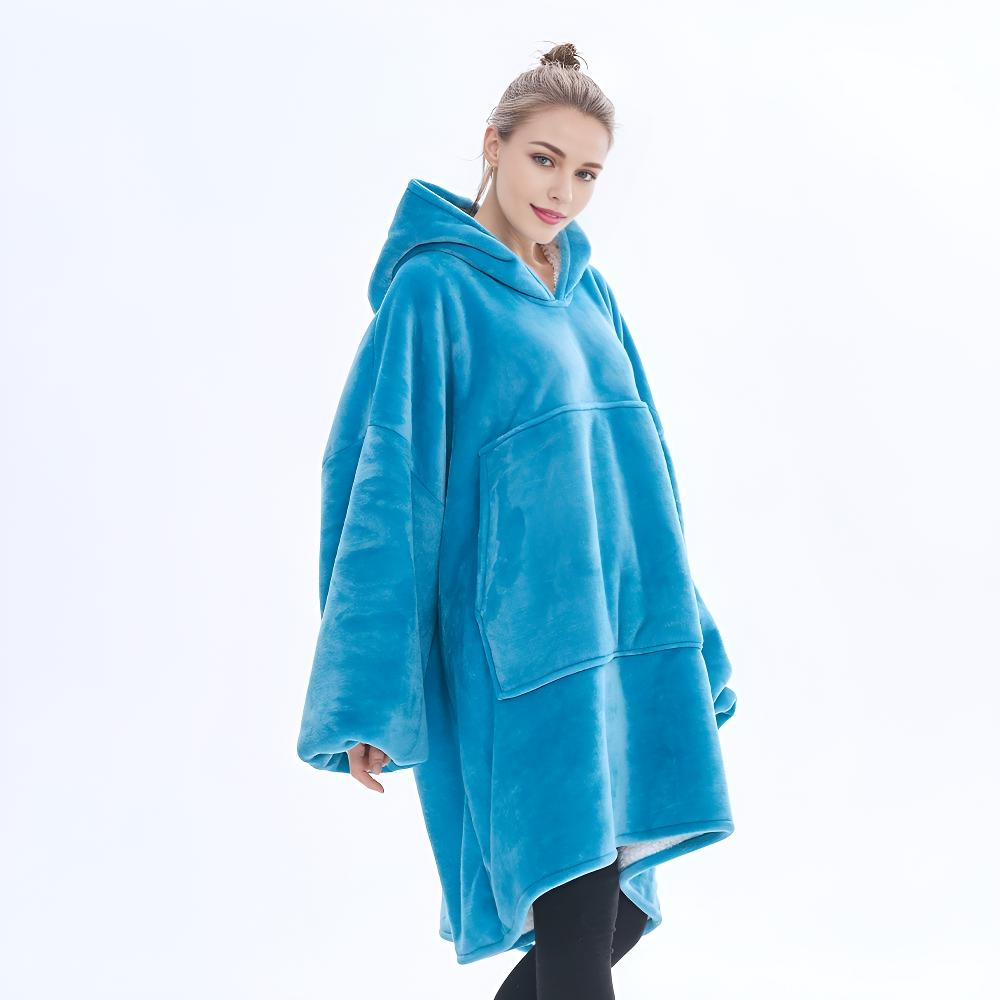 Oversized Sky Blue SnuglfFIt™ hoodie blanket for cozy comfort and warmth.