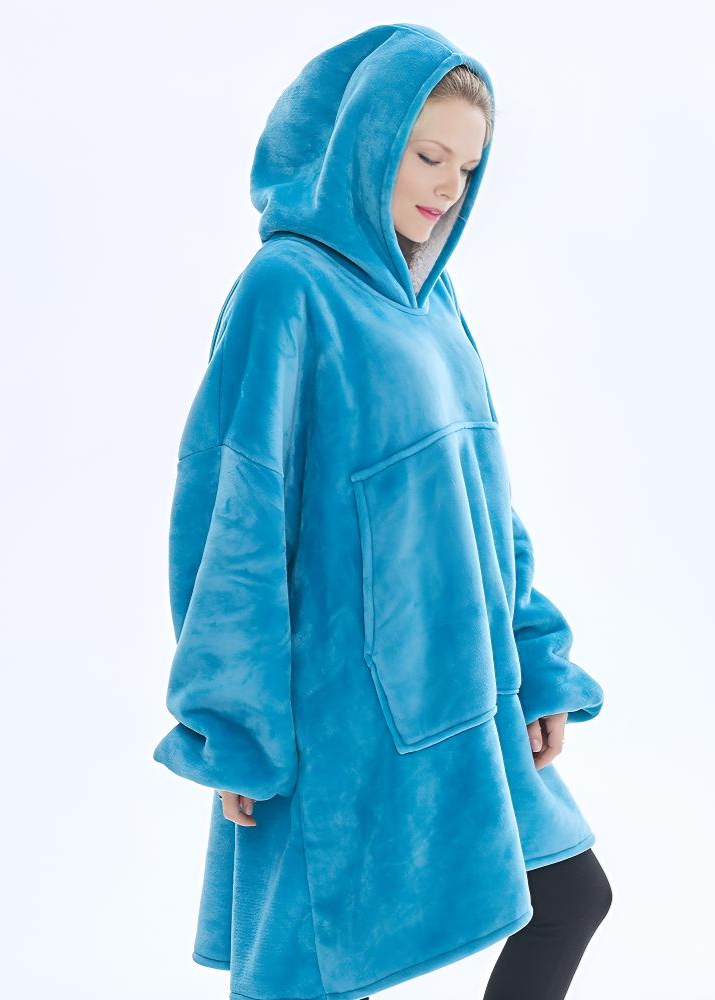 Sky blue SnuglFit™ hoodie blanket with roomy hood and oversized pocket.
