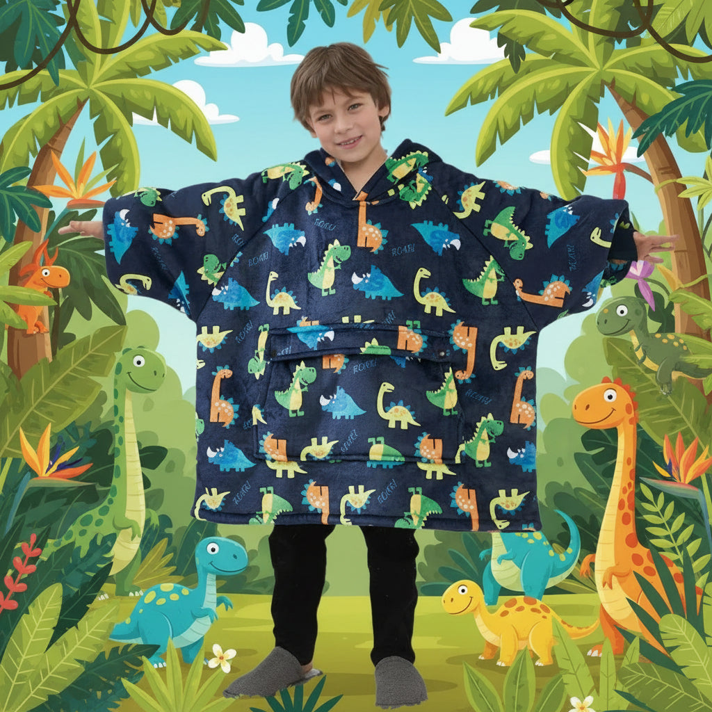SNUGLFIT™ Hoodie Blanket Kids- Dino with playful dinosaur print, cozy Sherpa fleece, and oversized fit.